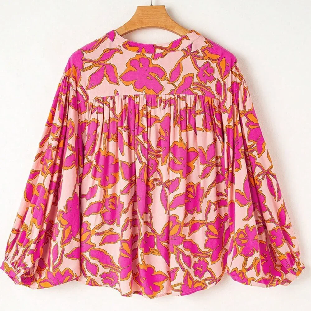Multicolor Boho Women's Floral Print Batwing Sleeve Buttoned Loose Fit Shirt - Picture 3 of 8